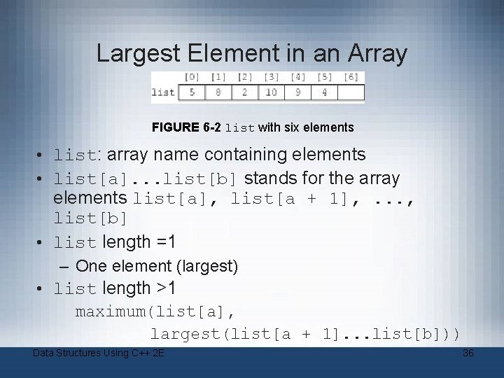 Largest Element in an Array FIGURE 6 -2 list with six elements • list: