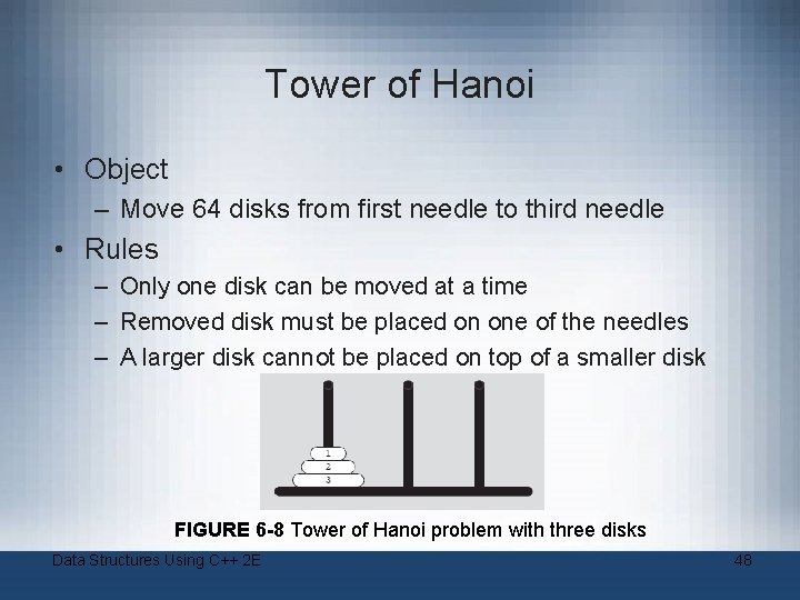 Tower of Hanoi • Object – Move 64 disks from first needle to third