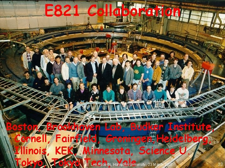 E 821 Collaboration Boston, Brookhaven Lab, Budker Institute, Cornell, Fairfield, Groningen, Heidelberg, Illinois, KEK,