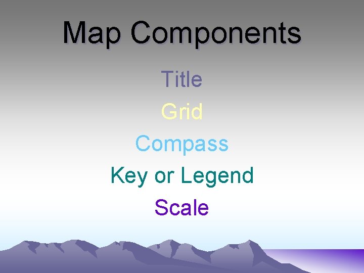 Map Components Title Grid Compass Key or Legend Scale 