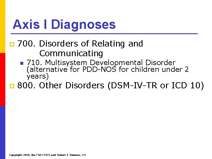 Axis I Diagnoses p 700. Disorders of Relating and Communicating n p 710. Multisystem