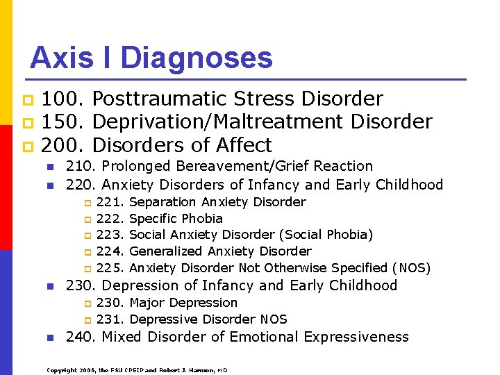 Axis I Diagnoses 100. Posttraumatic Stress Disorder p 150. Deprivation/Maltreatment Disorder p 200. Disorders