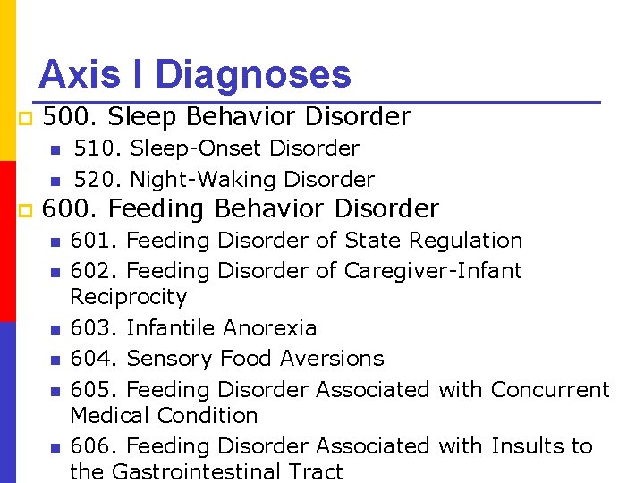 Axis I Diagnoses p 500. Sleep Behavior Disorder n n p 510. Sleep-Onset Disorder