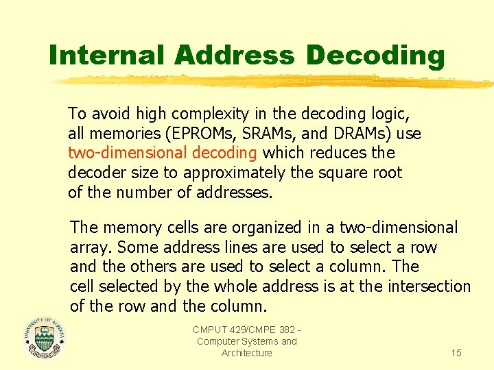 Internal Address Decoding To avoid high complexity in the decoding logic, all memories (EPROMs,