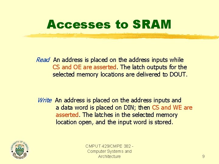 Accesses to SRAM Read An address is placed on the address inputs while CS
