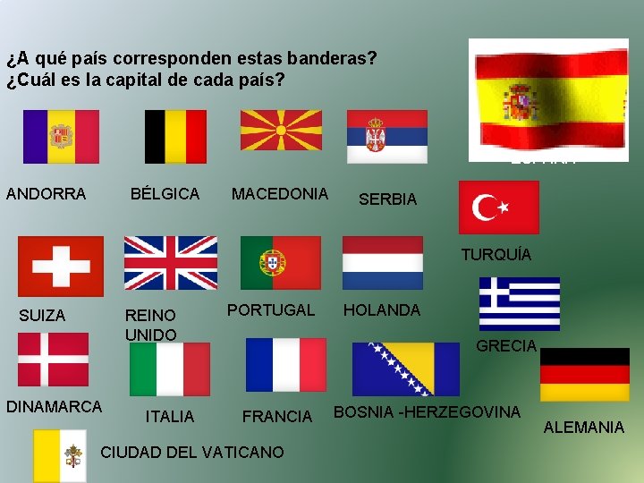 ¿A qué país corresponden estas banderas? ¿Cuál es la capital de cada país? ESPAÑA