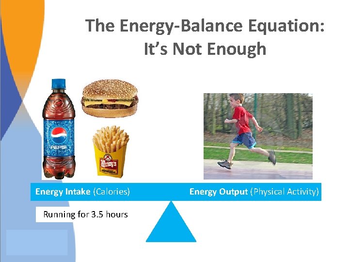 The Energy-Balance Equation: It’s Not Enough Energy Intake (Calories) Running for 3. 5 hours The Energy-Balance Equation: It’s Not Enough Energy Intake (Calories) Running for 3. 5 hours