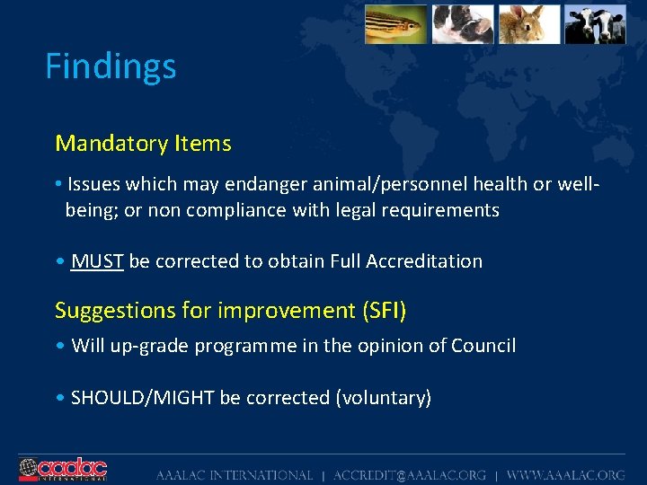 Findings Mandatory Items • Issues which may endanger animal/personnel health or wellbeing; or non