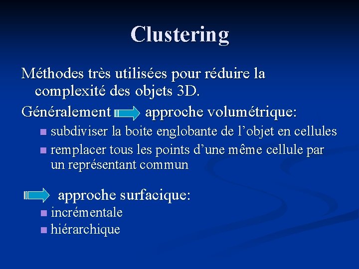 Clustering Méthodes très utilisées pour réduire la complexité des objets 3 D. Généralement approche