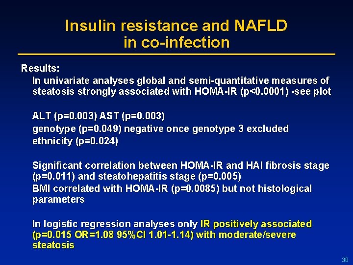 Insulin resistance and NAFLD in co-infection Results: In univariate analyses global and semi-quantitative measures