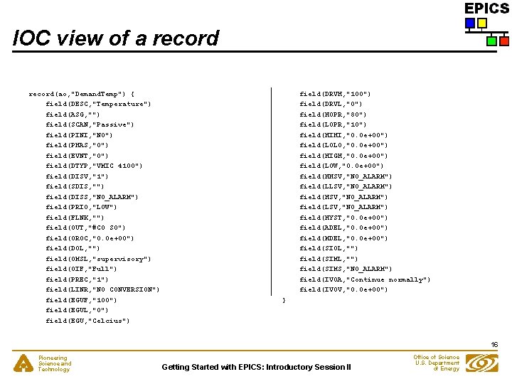 IOC view of a record(ao, "Demand. Temp") { field(DESC, "Temperature") field(ASG, "") field(SCAN, "Passive")