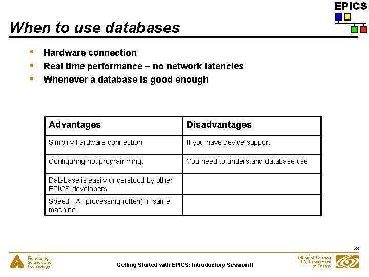 When to use databases • • • Hardware connection Real time performance – no