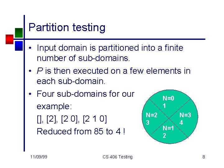Partition testing • Input domain is partitioned into a finite number of sub-domains. •