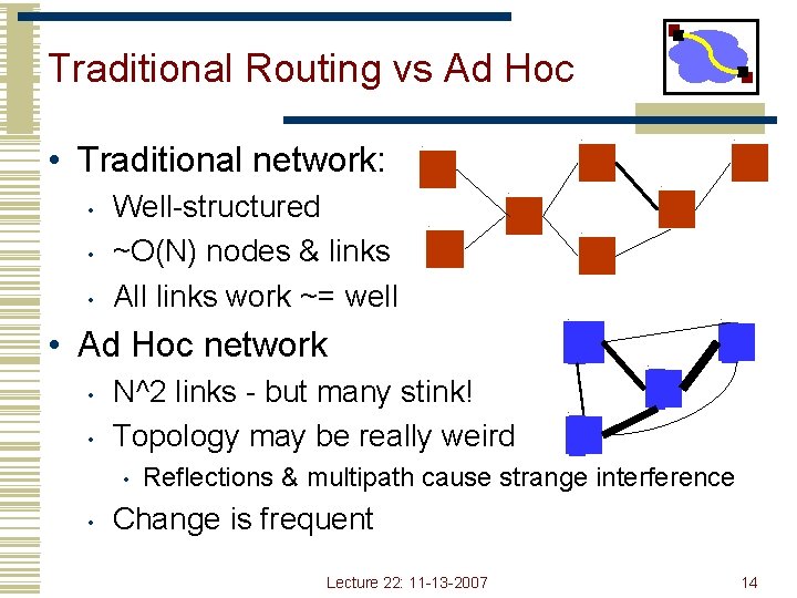 Traditional Routing vs Ad Hoc • Traditional network: • • • Well-structured ~O(N) nodes
