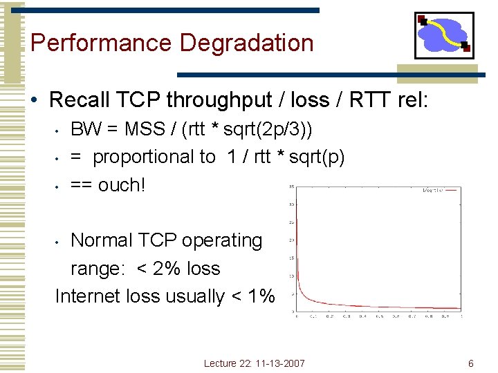 Performance Degradation • Recall TCP throughput / loss / RTT rel: • • •