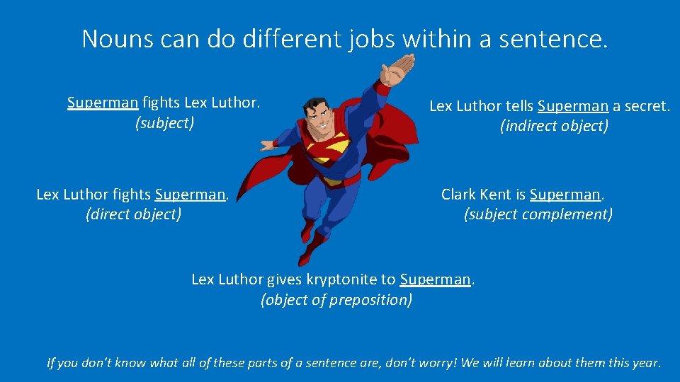 Nouns can do different jobs within a sentence. Superman fights Lex Luthor. (subject) Lex