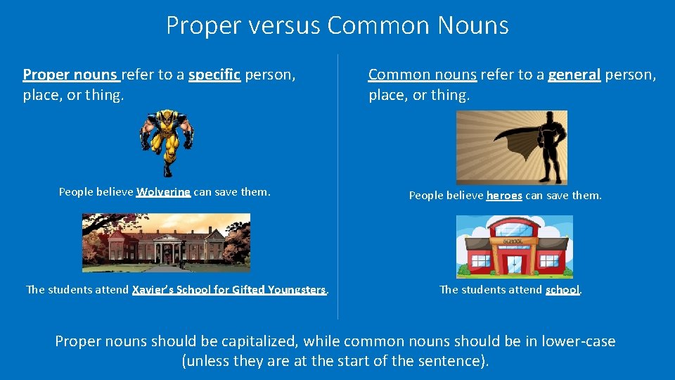Proper versus Common Nouns Proper nouns refer to a specific person, place, or thing.