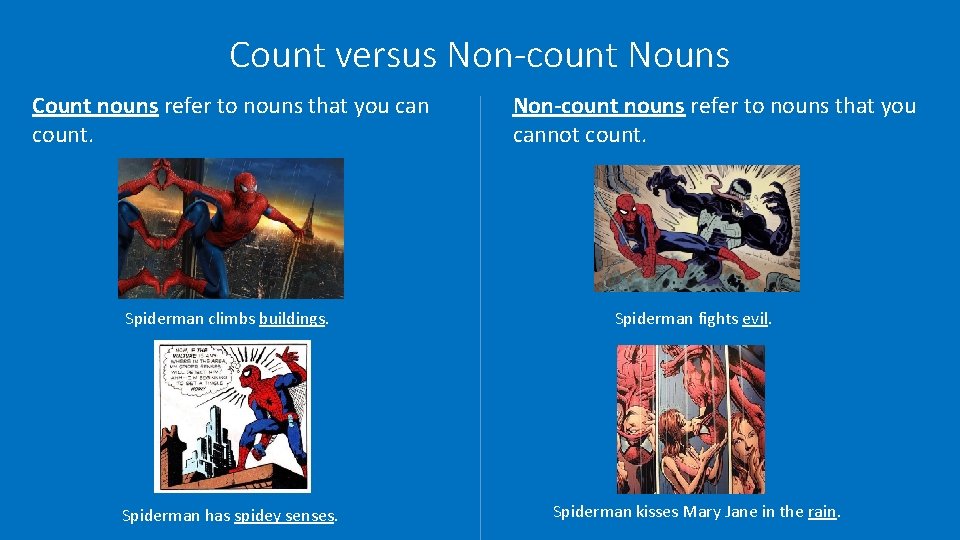 Count versus Non-count Nouns Count nouns refer to nouns that you can count. Non-count