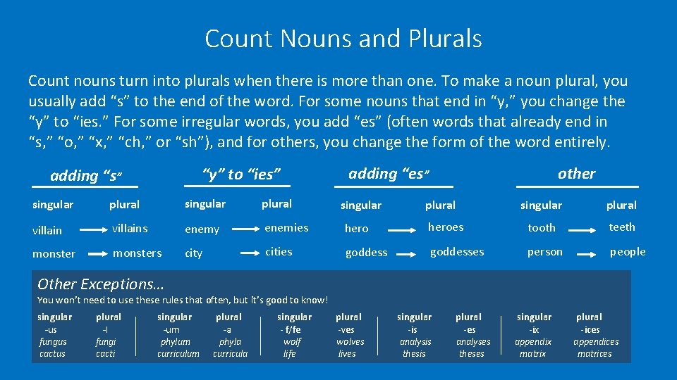 Count Nouns and Plurals Count nouns turn into plurals when there is more than