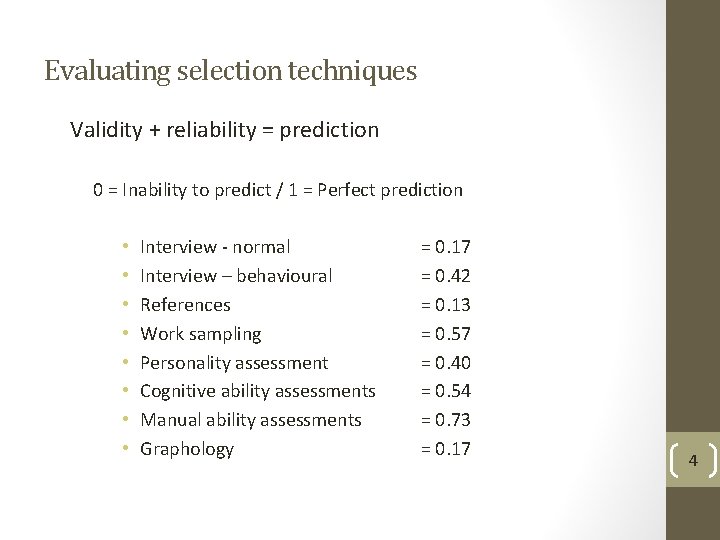 Evaluating selection techniques Validity + reliability = prediction 0 = Inability to predict /