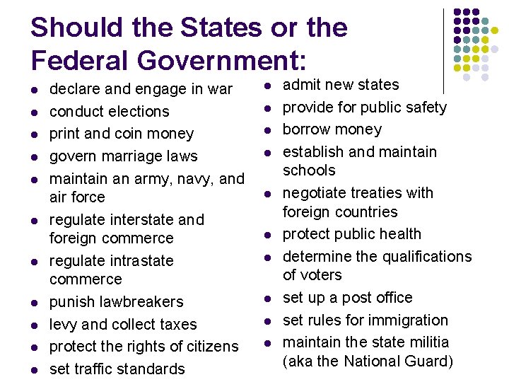 Should the States or the Federal Government: l l l declare and engage in