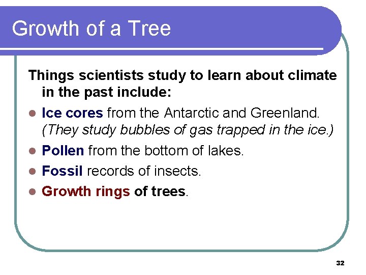 Growth of a Tree Things scientists study to learn about climate in the past