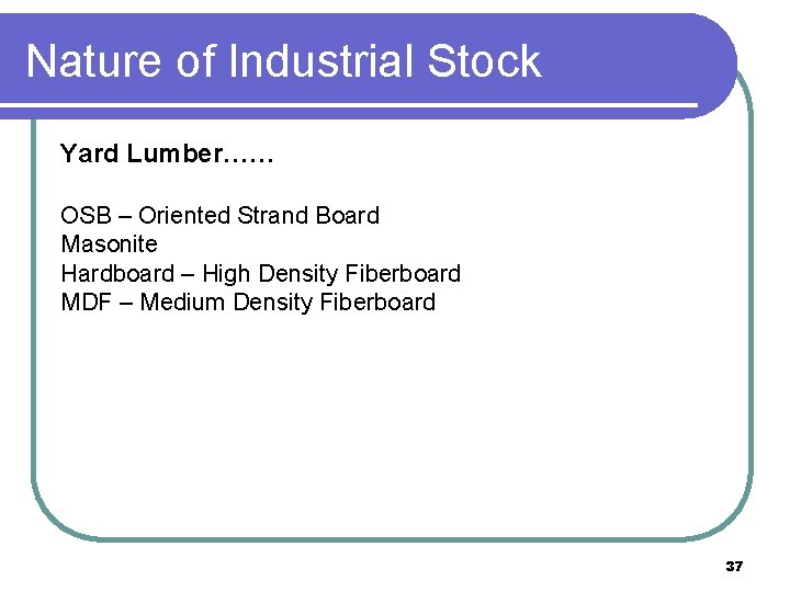 Nature of Industrial Stock Yard Lumber…… OSB – Oriented Strand Board Masonite Hardboard –