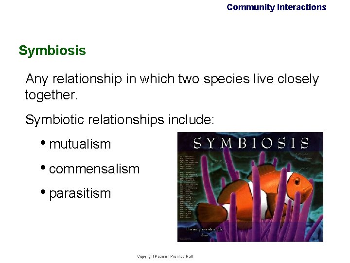 Community Interactions Symbiosis Any relationship in which two species live closely together. Symbiotic relationships Community Interactions Symbiosis Any relationship in which two species live closely together. Symbiotic relationships