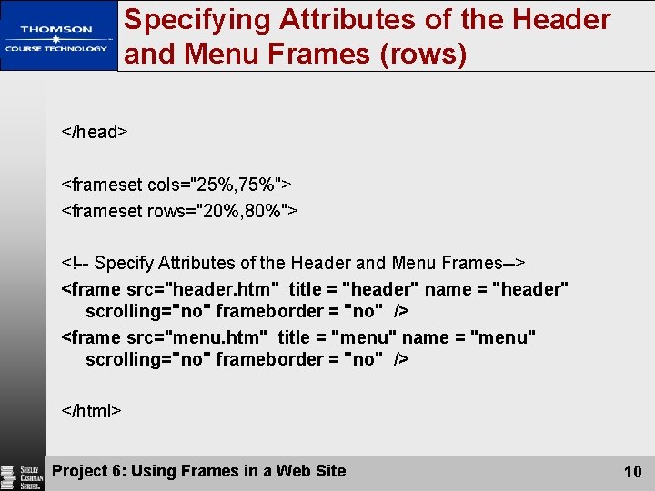 Specifying Attributes of the Header and Menu Frames (rows) </head> <frameset cols="25%, 75%"> <frameset