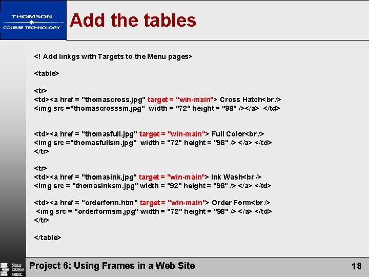 Add the tables <! Add linkgs with Targets to the Menu pages> <table> <tr>