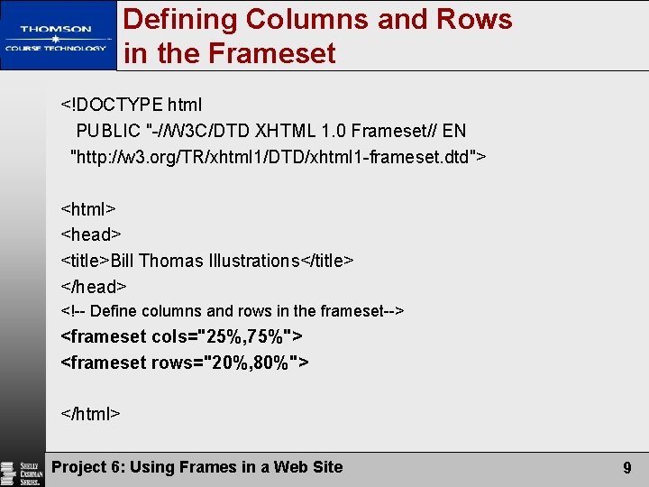 Defining Columns and Rows in the Frameset <!DOCTYPE html PUBLIC "-//W 3 C/DTD XHTML