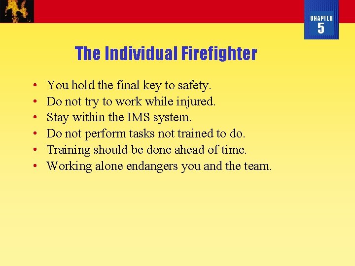 CHAPTER 5 The Individual Firefighter • • • You hold the final key to