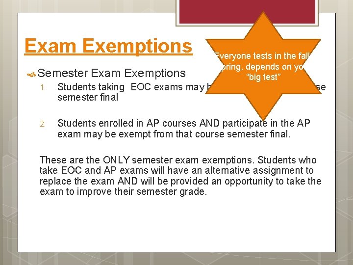 Exam Exemptions Semester Exam Exemptions Everyone tests in the fall. Spring, depends on your