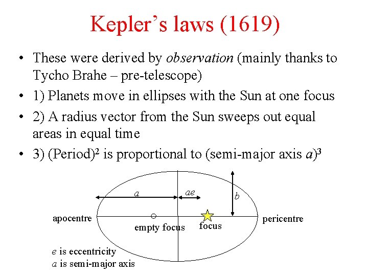 Kepler’s laws (1619) • These were derived by observation (mainly thanks to Tycho Brahe
