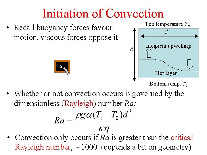 Initiation of Convection Top temperature T 0 d • Recall buoyancy forces favour motion,