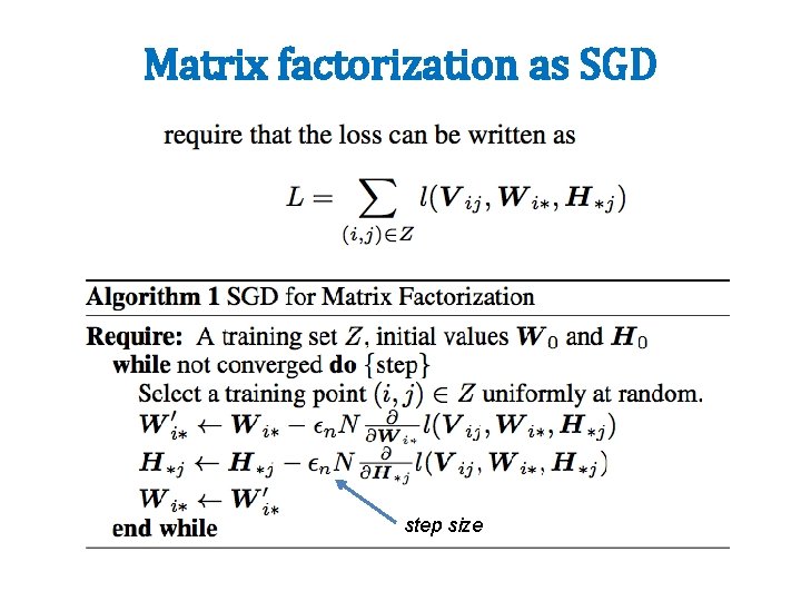 Matrix factorization as SGD step size 