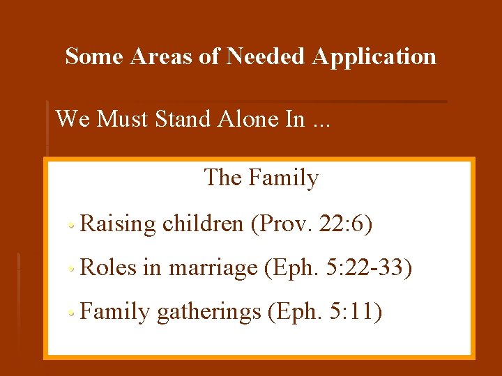 Some Areas of Needed Application We Must Stand Alone In. . . The Family