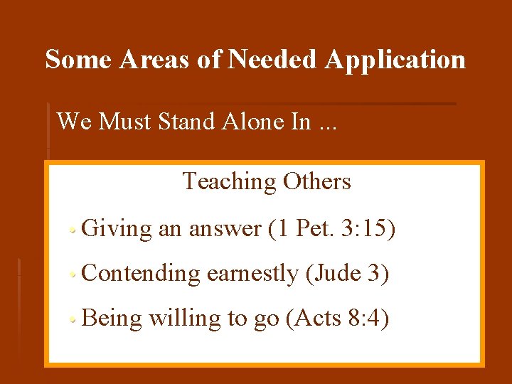 Some Areas of Needed Application We Must Stand Alone In. . . Teaching Others