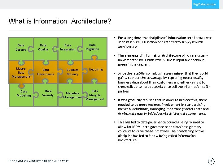 Big Data London What is Information Architecture? Data Capture Data Quality Data Integration Data