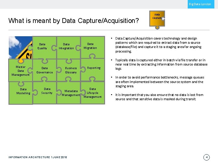 Big Data London What is meant by Data Capture/Acquisition? Data Quality Master Data Management