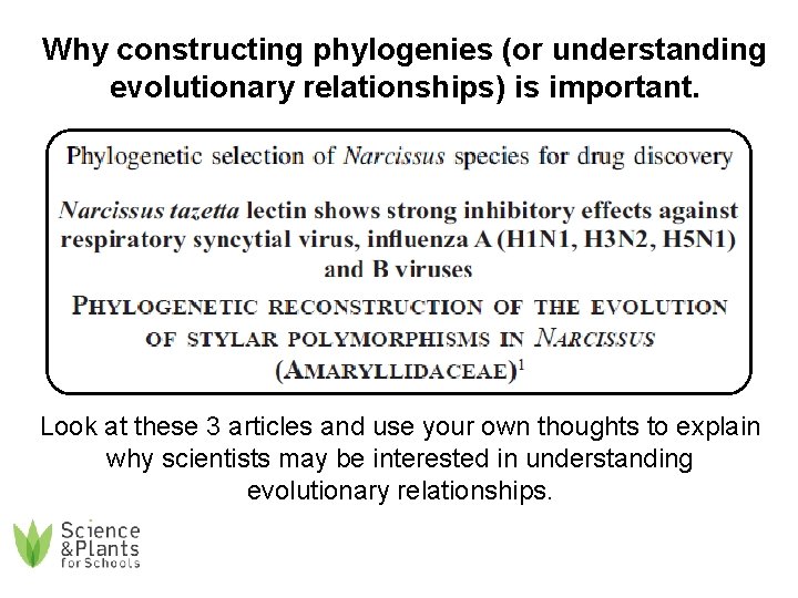 Why constructing phylogenies (or understanding evolutionary relationships) is important. Look at these 3 articles