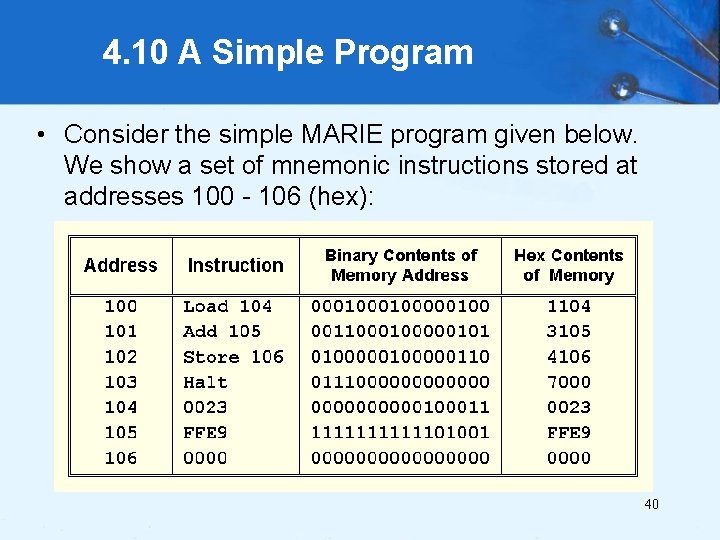 4. 10 A Simple Program • Consider the simple MARIE program given below. We