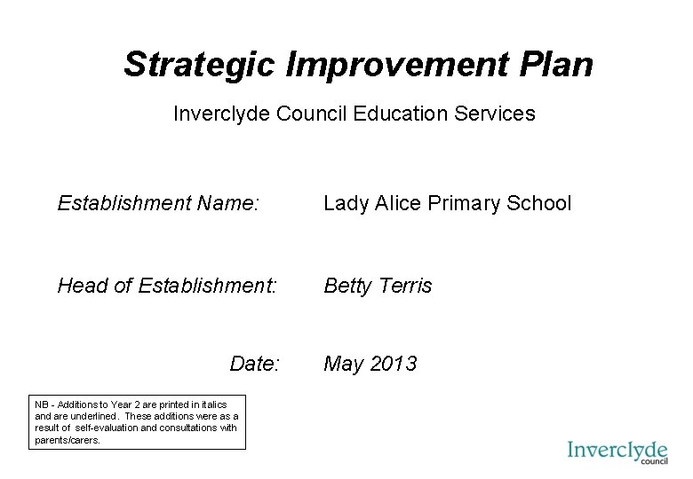  Strategic Improvement Plan Inverclyde Council Education Services Establishment Name: Lady Alice Primary School