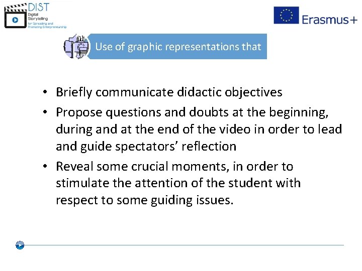 Use of graphic representations that • Briefly communicate didactic objectives • Propose questions and