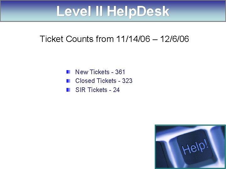 Level II Help. Desk Ticket Counts from 11/14/06 – 12/6/06 New Tickets - 361