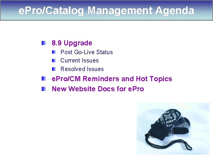 e. Pro/Catalog Management Agenda 8. 9 Upgrade Post Go-Live Status Current Issues Resolved Issues