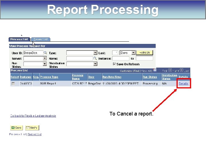 Report Processing To Cancel a report. 