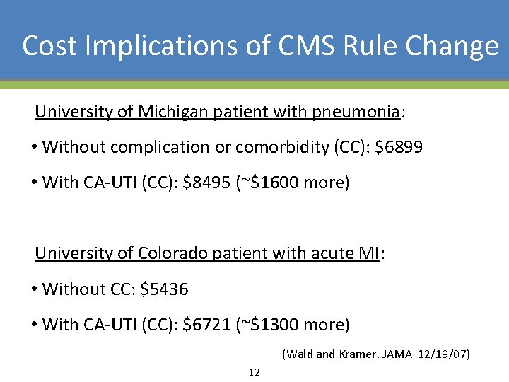 Cost Implications of CMS Rule Change University of Michigan patient with pneumonia: • Without