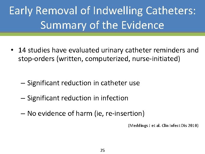 Early Removal of Indwelling Catheters: Summary of the Evidence • 14 studies have evaluated