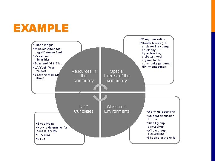 EXAMPLE • Urban league • Mexican American Legal Defense fund • Kaiser youth internships